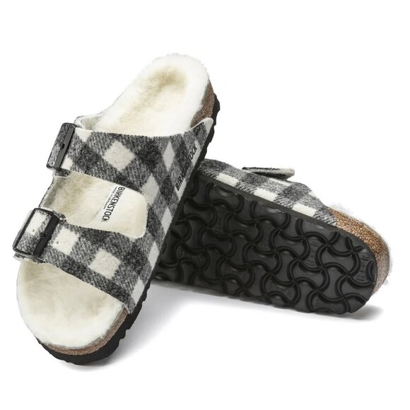🆕BIRKENSTOCK Arizona Shearling Lined Wool Slide Sandals Black White Plaid 6-6.5 - Picture 4 of 12